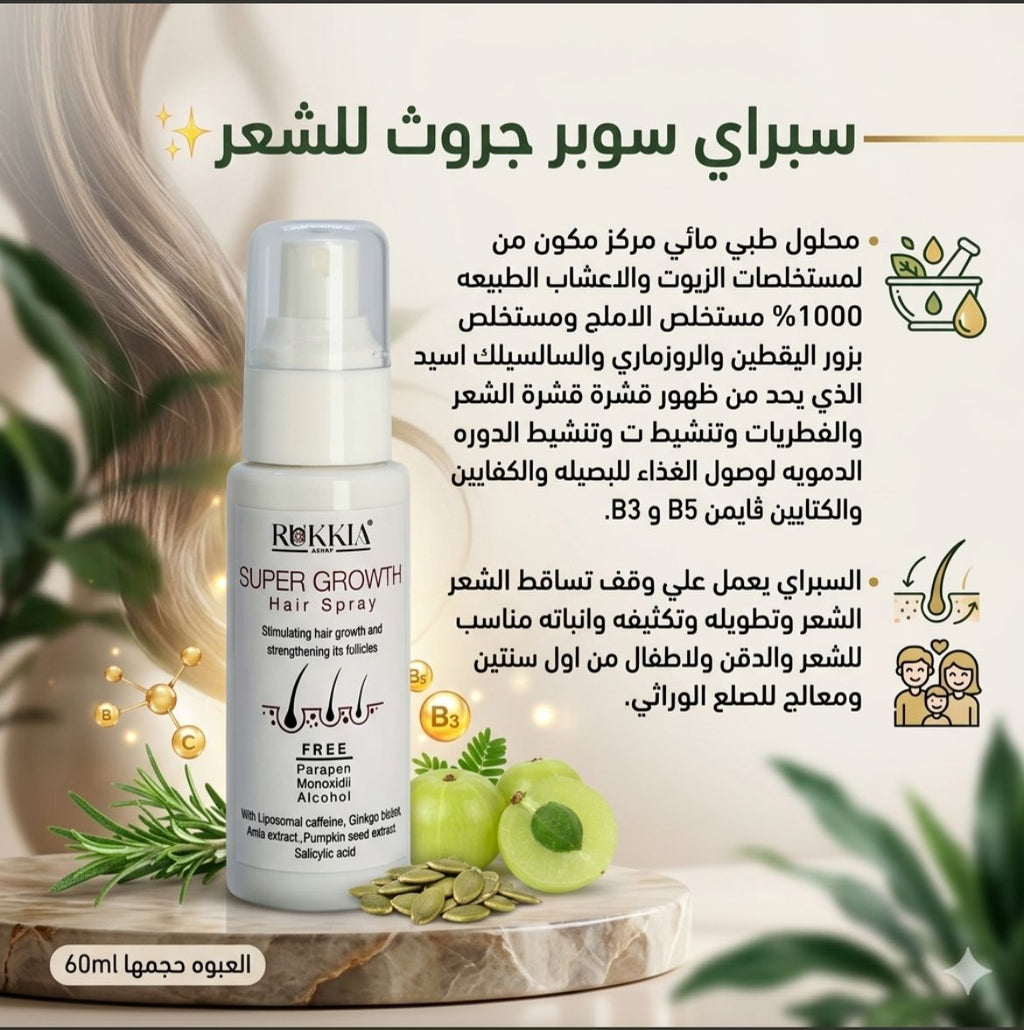 سبراي الشعر سوبر جروث بخاخ مائي لعلاج التساقط و تقوية البصيله و تكثيف و تطويل الشعر وملئ الفراغات مناسب لكل انواع الشعر والذقن وللاطفال