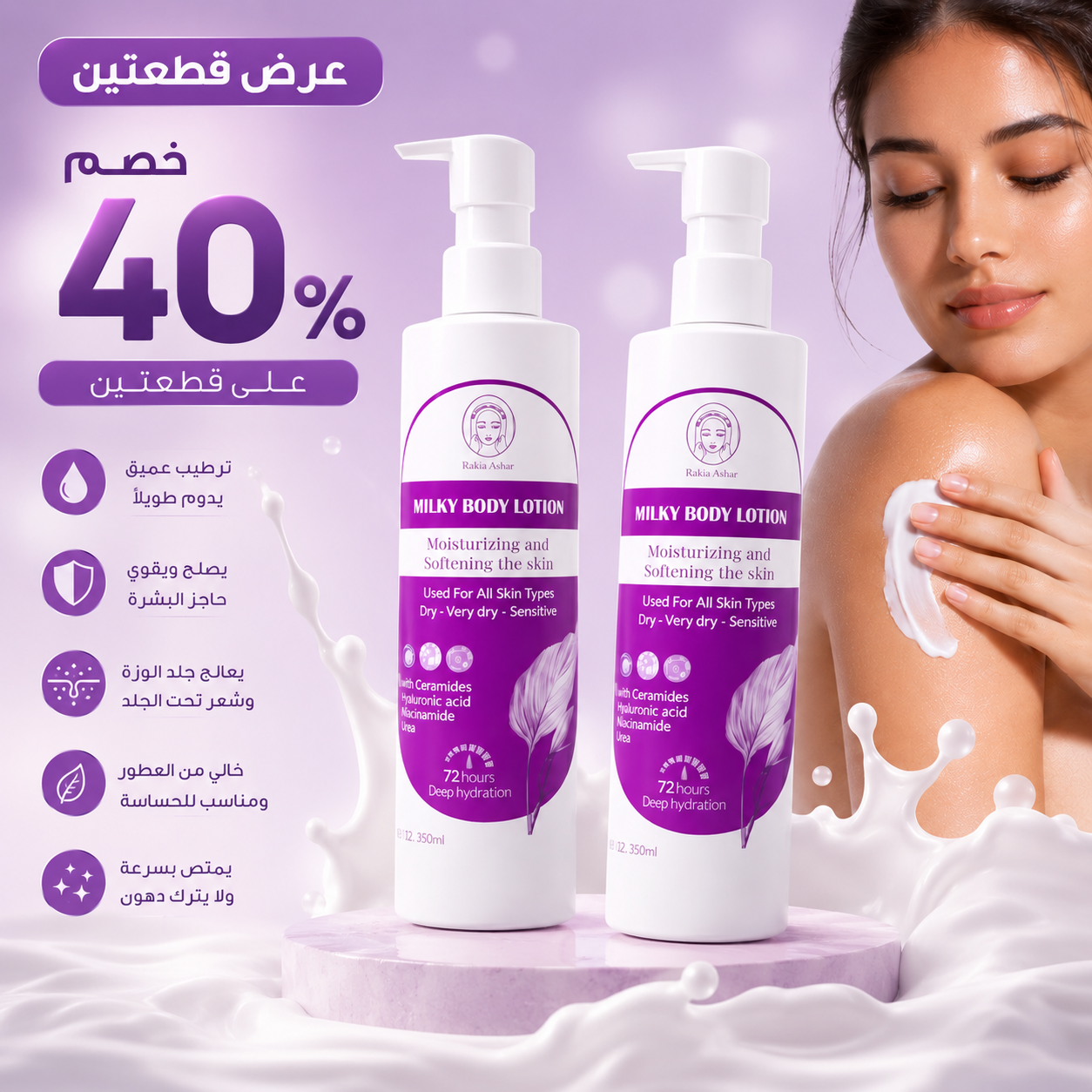 ميلكي بادي لوشن مرطب للجسم مخصص للترطيب العميق للجلدبالهيالورونيك والنياسيناميد واليوريا والسيراميد وجوز الهند الطبيعي