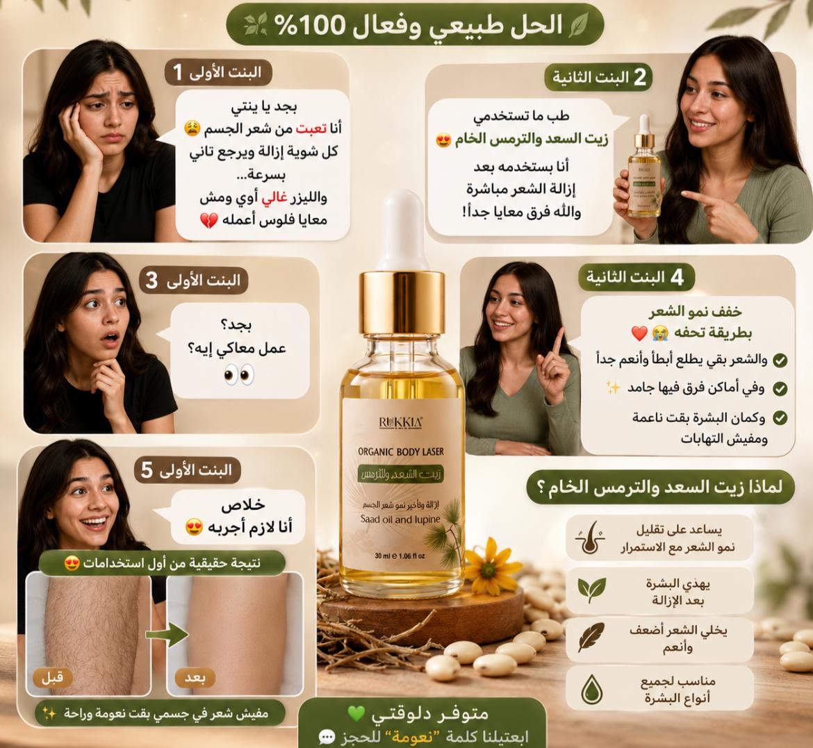 اورجانيك ليزر زيت السُعد الخام مع زيت الترمس المُر الخام انقياء وطبيعيين 100% بدون اي اضافات اخري يستخدم لإزالة الشعر طبيعياً من الجسم