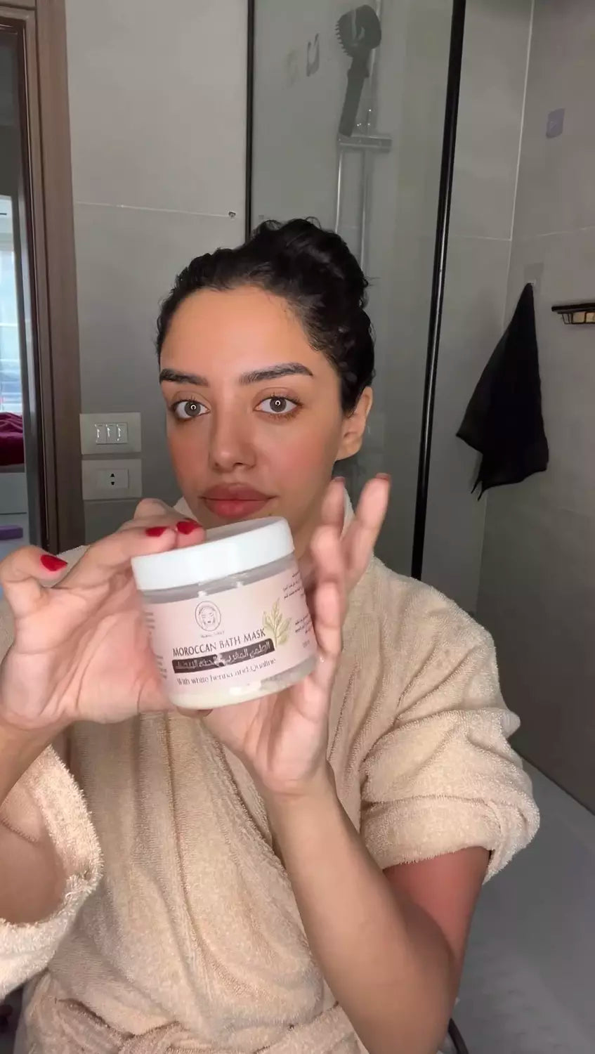 بوكس الحمام المغربي خمس منتجات منهم منتجين هدية بخصم 65% | صابون مغربي بالنيله الزرقاء - طمي مغربي بالحنه البيضاء وليفه مغربي اصلي - وسيروم اظافر هدية - و مرطب يد هدية