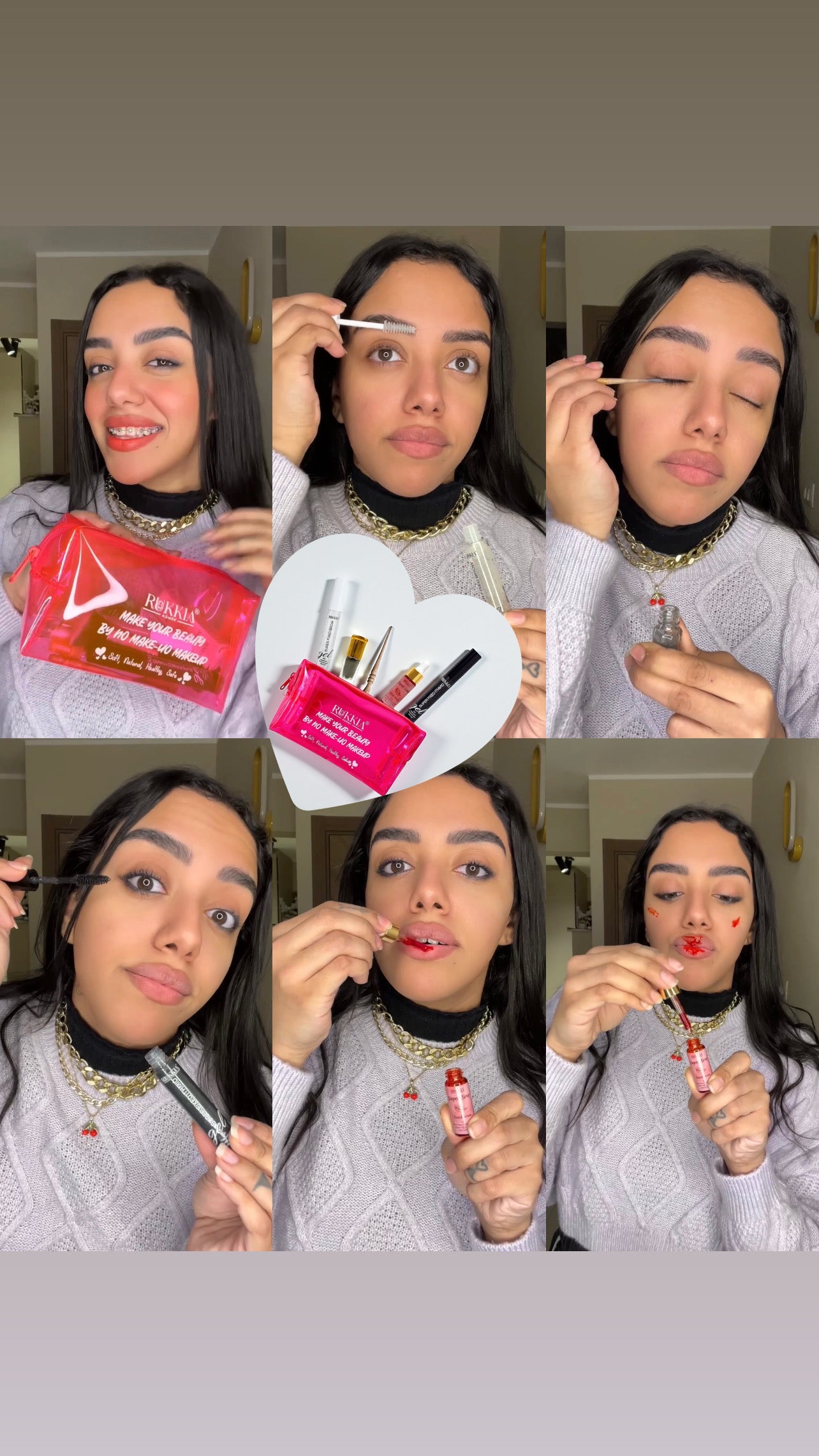 شنطة النو ميكب اساسيات الجمال الصباحي🌞👛 8منتجات منهم صن سكرين هدية بخصم 60% و شحن مجاني | شنطة ميكب - كحل اثمد - مرود خشب - جل حواجب - ماسكرة اثمد - سيروم شفايف - مرطب شفايف - صن سكرين