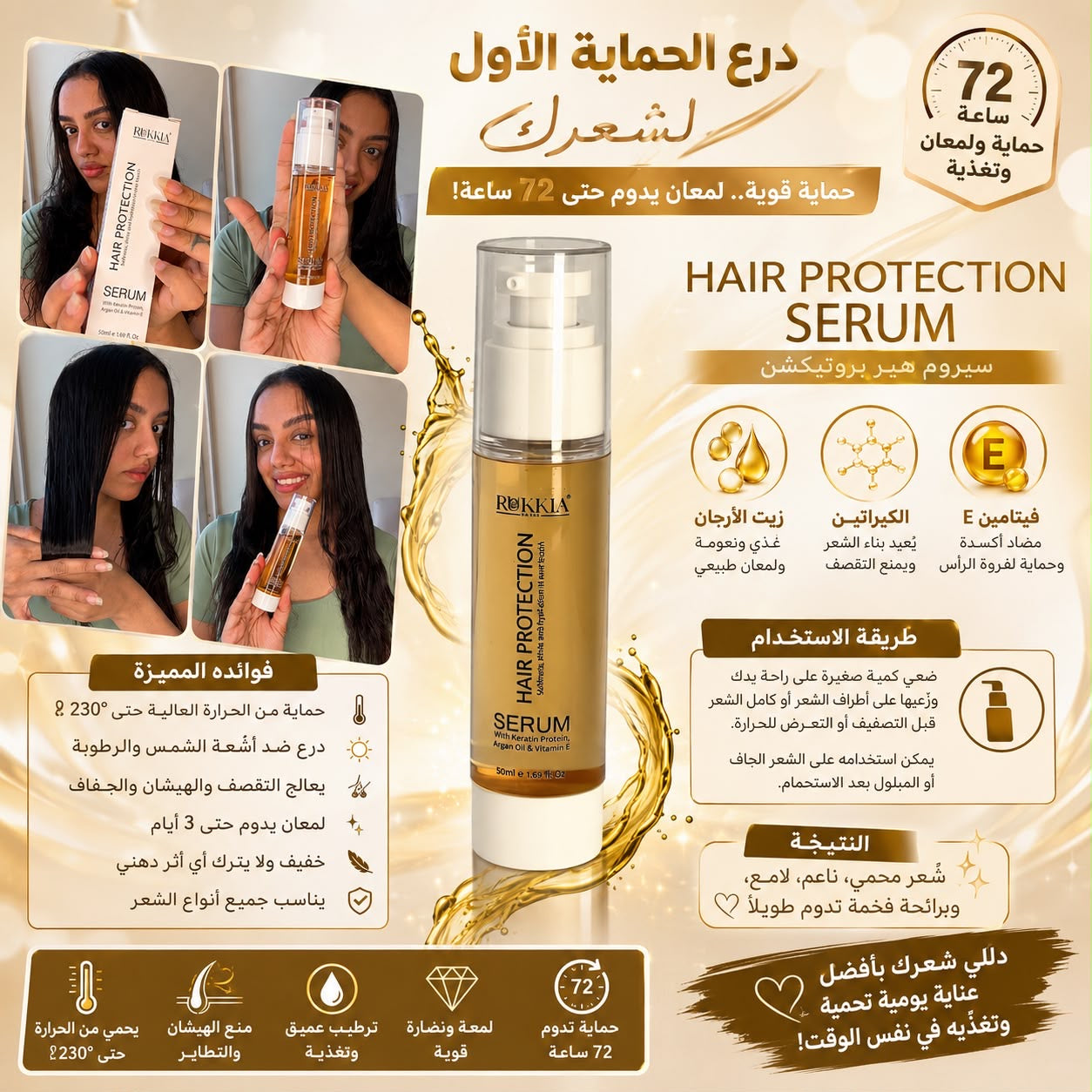 سيروم حماية وترميم الشعر هير بروتيكشن سيروم بكيراتين البروتينات، زيت الأرجان، وفيتامين E