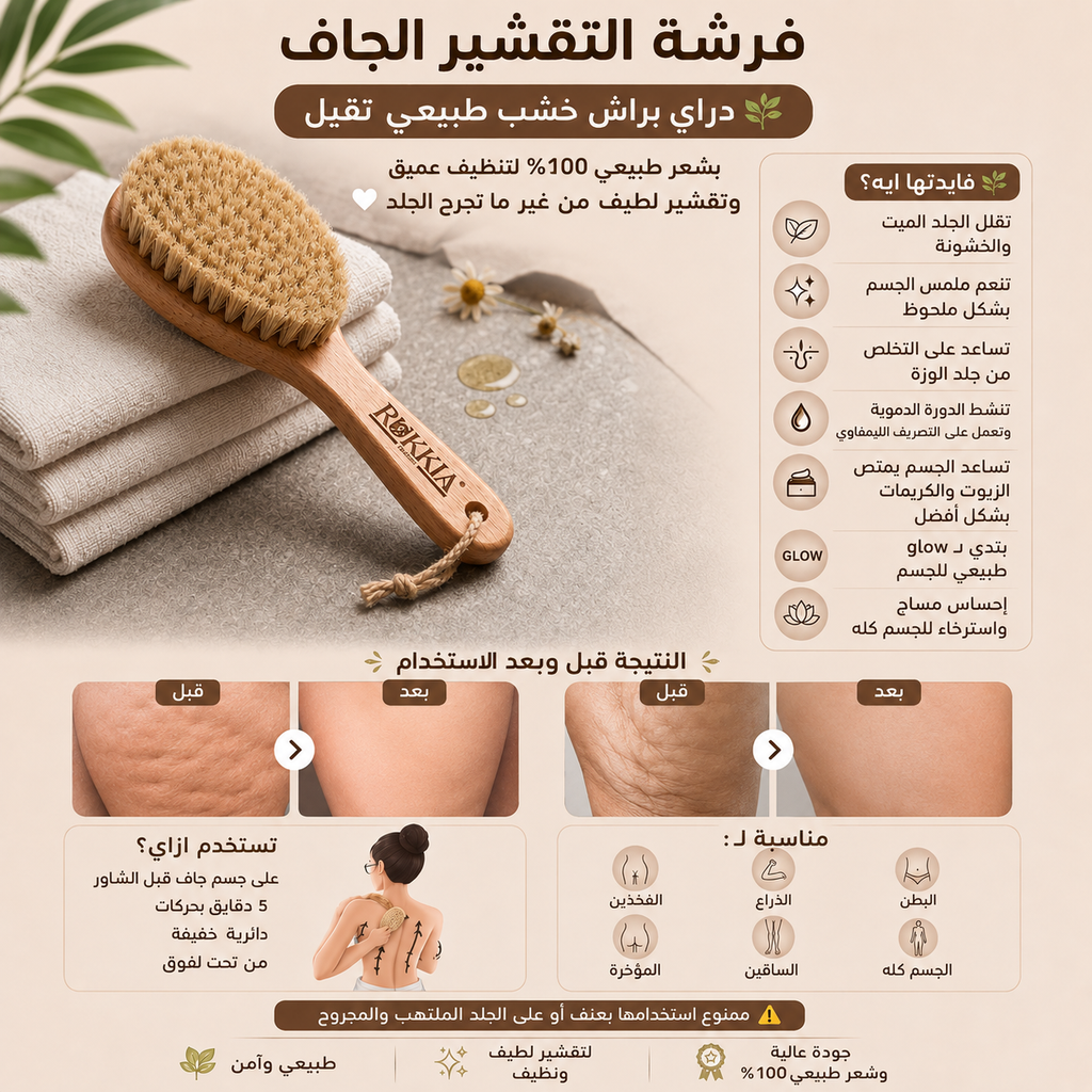 فرشة الجسم للتقشير الجاف دراي براش بشعر طبيعي ويد خشب طبيعي تقيل مصنوعه من شعر طبيعي لحيوانات برية معالج للإستخدام عالجلد وعلاج مشاكله وللتنظيف العميق والتقشير اللطيف بدون تجرح الجلد