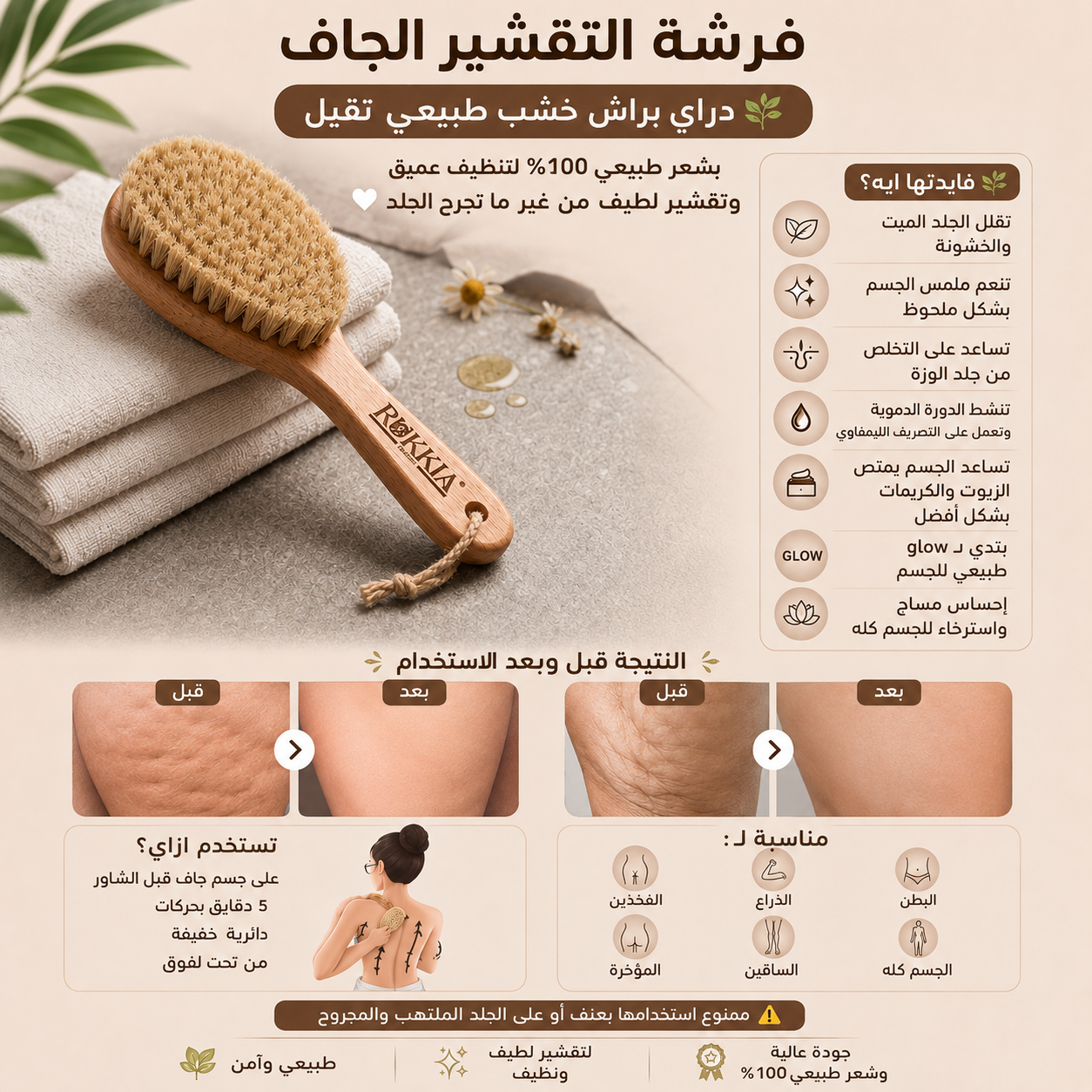 فرشة الجسم للتقشير الجاف دراي براش بشعر طبيعي ويد خشب طبيعي تقيل مصنوعه من شعر طبيعي لحيوانات برية معالج للإستخدام عالجلد وعلاج مشاكله وللتنظيف العميق والتقشير اللطيف بدون تجرح الجلد