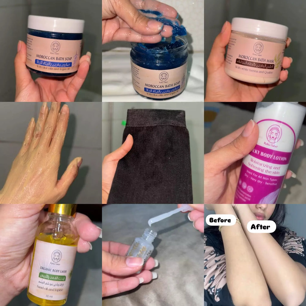 بوكس الحمام الملكي 6 منتجات في 6 خطوات |  صابون مغربي - طمي مغربي - ليفه مغربيه - مسك ابيض 5 ميللي - مرطب جسم - زيت سعد و ترمس